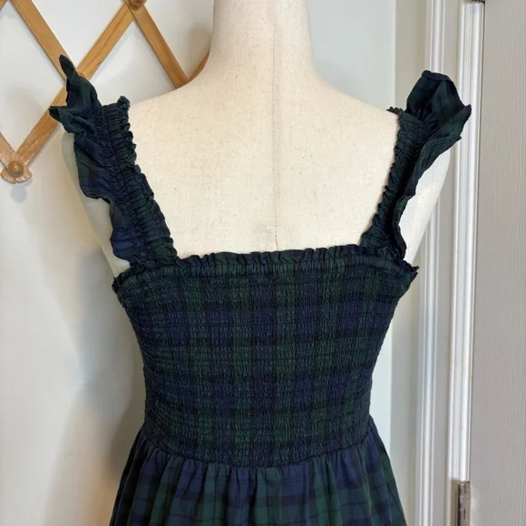 J Crew Smocked Tiered Midi Dress in Tartan Plaid Navy Green - Picture 4 of 8